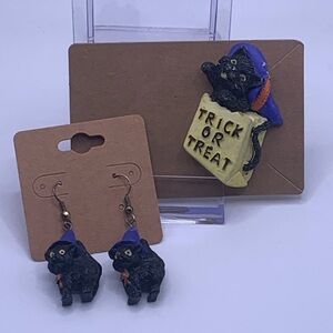 Vintage Halloween Black Cat with Witch Hat Brooch/Pin and Earring Set